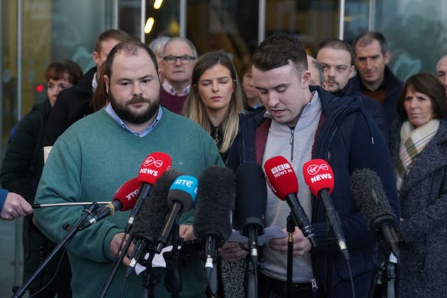 The brother of murdered teacher Ashling Murphy, Cathal (left), her sister Amy (centre) and boyfriend Ryan Casey (right), face the media after Jozef Puska, 33, was found guilty at the Central Criminal Court in Dublin of murdering the schoolteacher in Tullamore, Co Offaly, in January last year. Picture date: Thursday November 9, 2023.