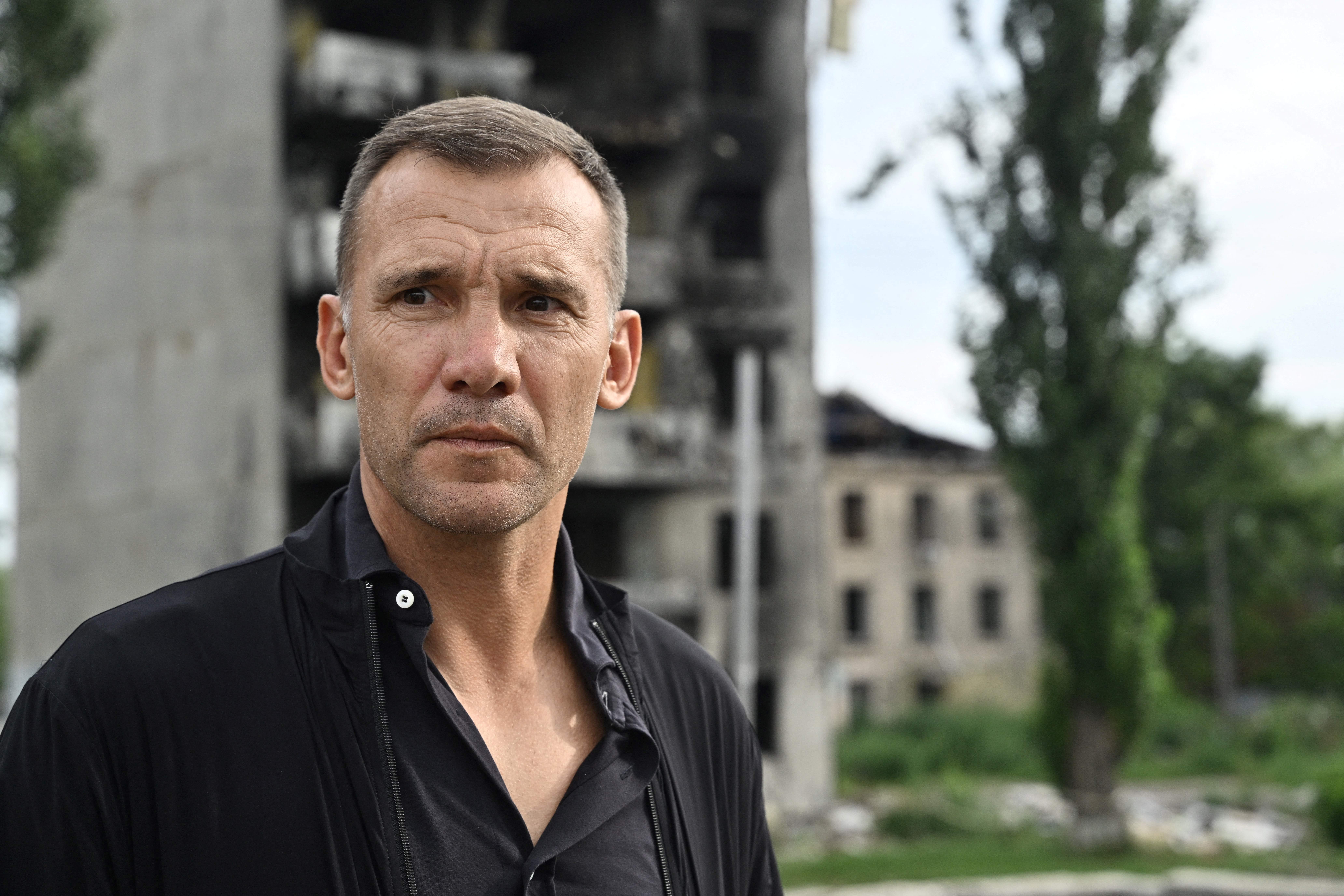 Andriy Shevchenko visits the ruined centre of Borodyanka, near Kyiv