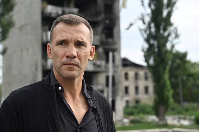 <p>Andriy Shevchenko visits the ruined centre of Borodyanka, near Kyiv</p>