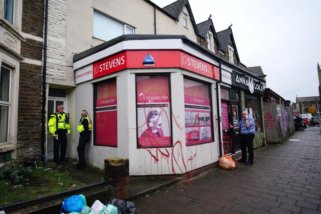 The constituency office of Labour MP Jo Stevens in Cardiff, which was sprayed with red paint and posters were put up (Ben Birchall/PA)