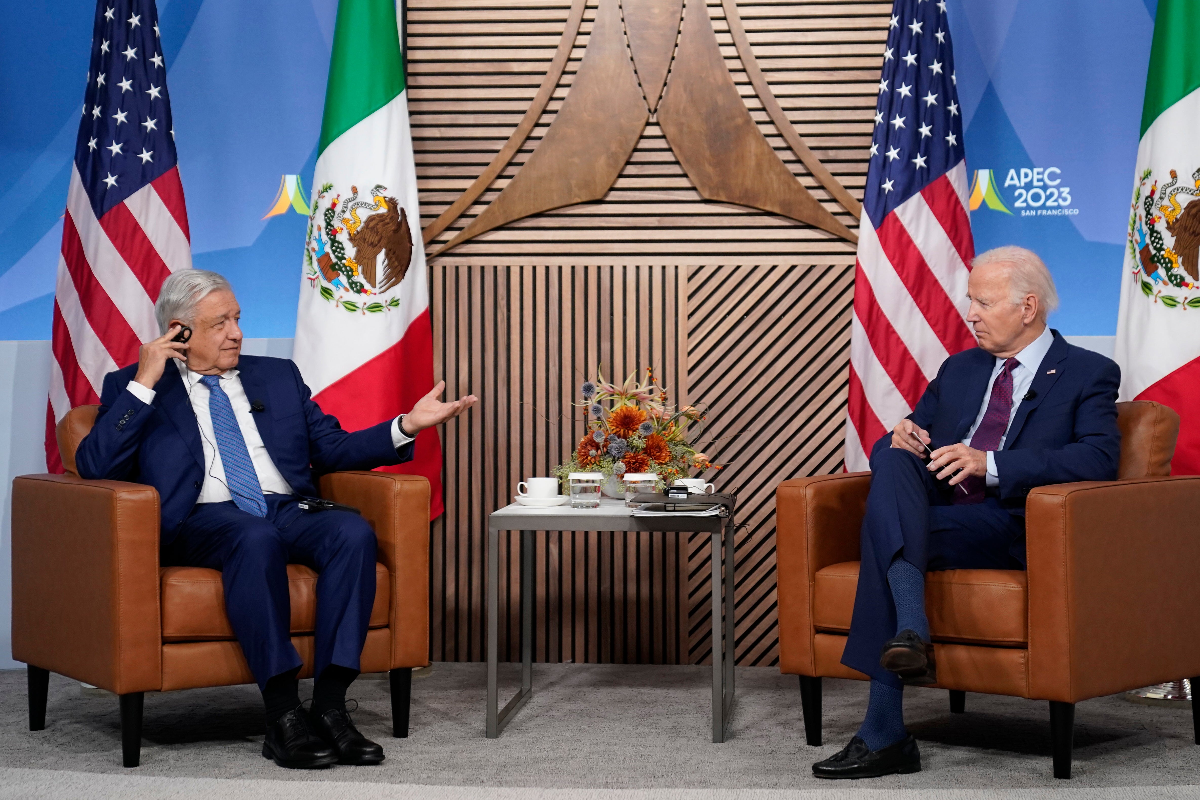 President Joe Biden meets with Mexican President Andres Manuel Lopez Obrador at the APEC summit, Friday, Nov. 17, 2023, in San Francisco. (AP Photo/Evan Vucci)
