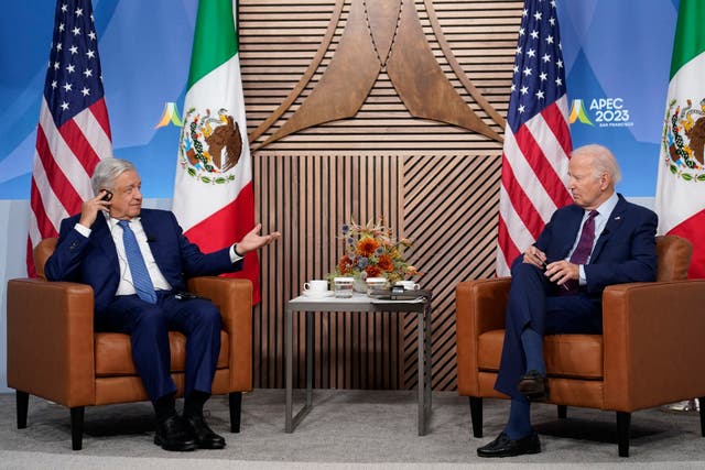 <p>President Joe Biden meets with Mexican President Andres Manuel Lopez Obrador at the APEC summit, Friday, Nov. 17, 2023, in San Francisco. (AP Photo/Evan Vucci)</p>