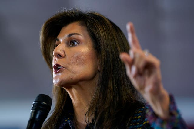 <p>Republican presidential candidate former UN Ambassador Nikki Haley speaks during a town hall, Friday, Nov. 17, 2023, in Ankeny, Iowa</p>