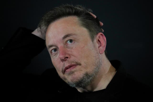 <p>Elon Musk reacts during an in-conversation event with Britain's Prime Minister Rishi Sunak in London, Thursday, Nov. 2, 2023</p>
