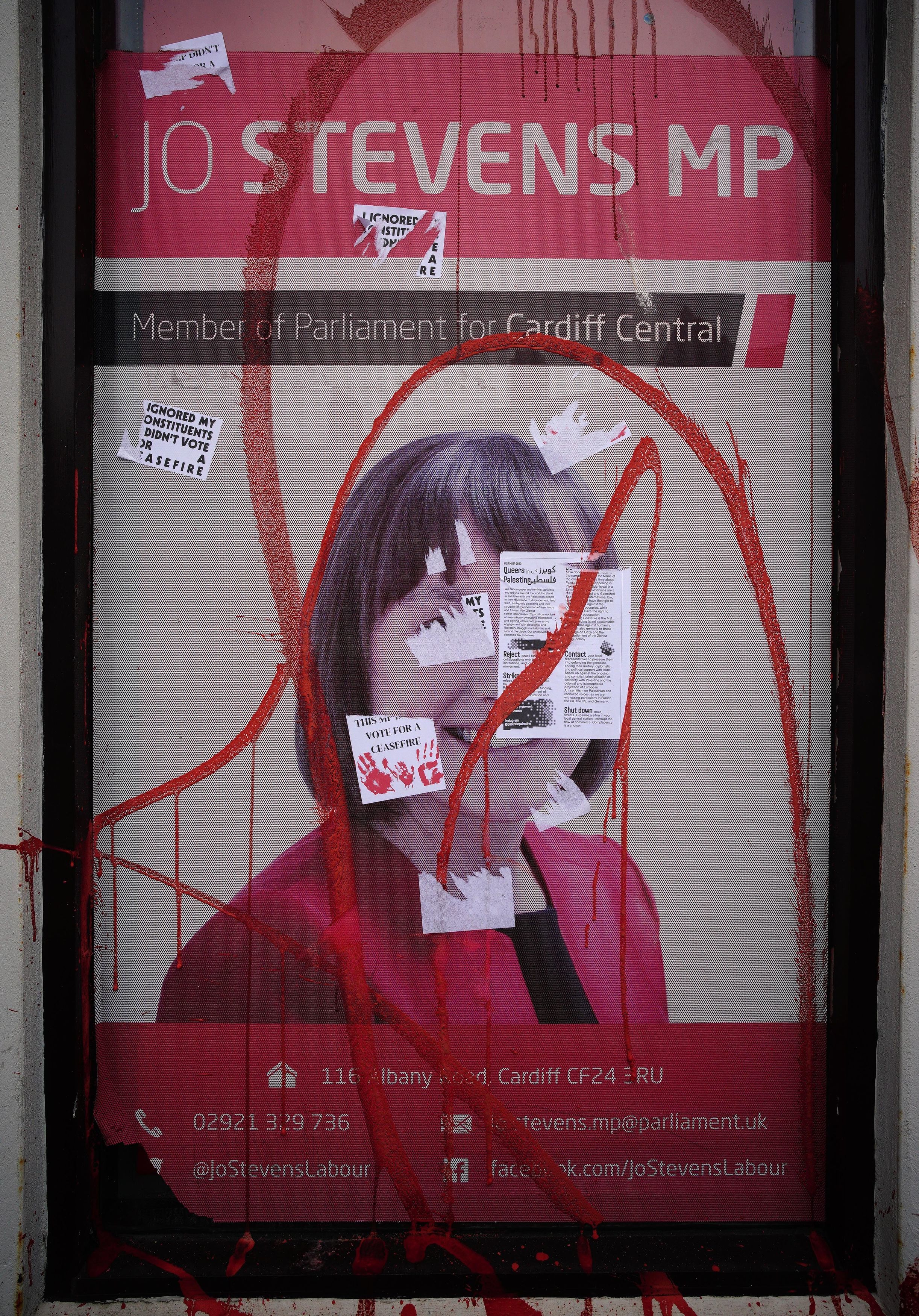 The constituency office of Labour MP Jo Stevens in Albany Road, Cardiff, which was sprayed with red paint