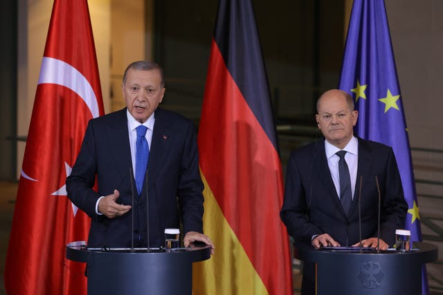 <p>Turkish president Recep Tayyip Erdogan and German chancellor Olaf Scholz held talks in Berlin on Friday</p>