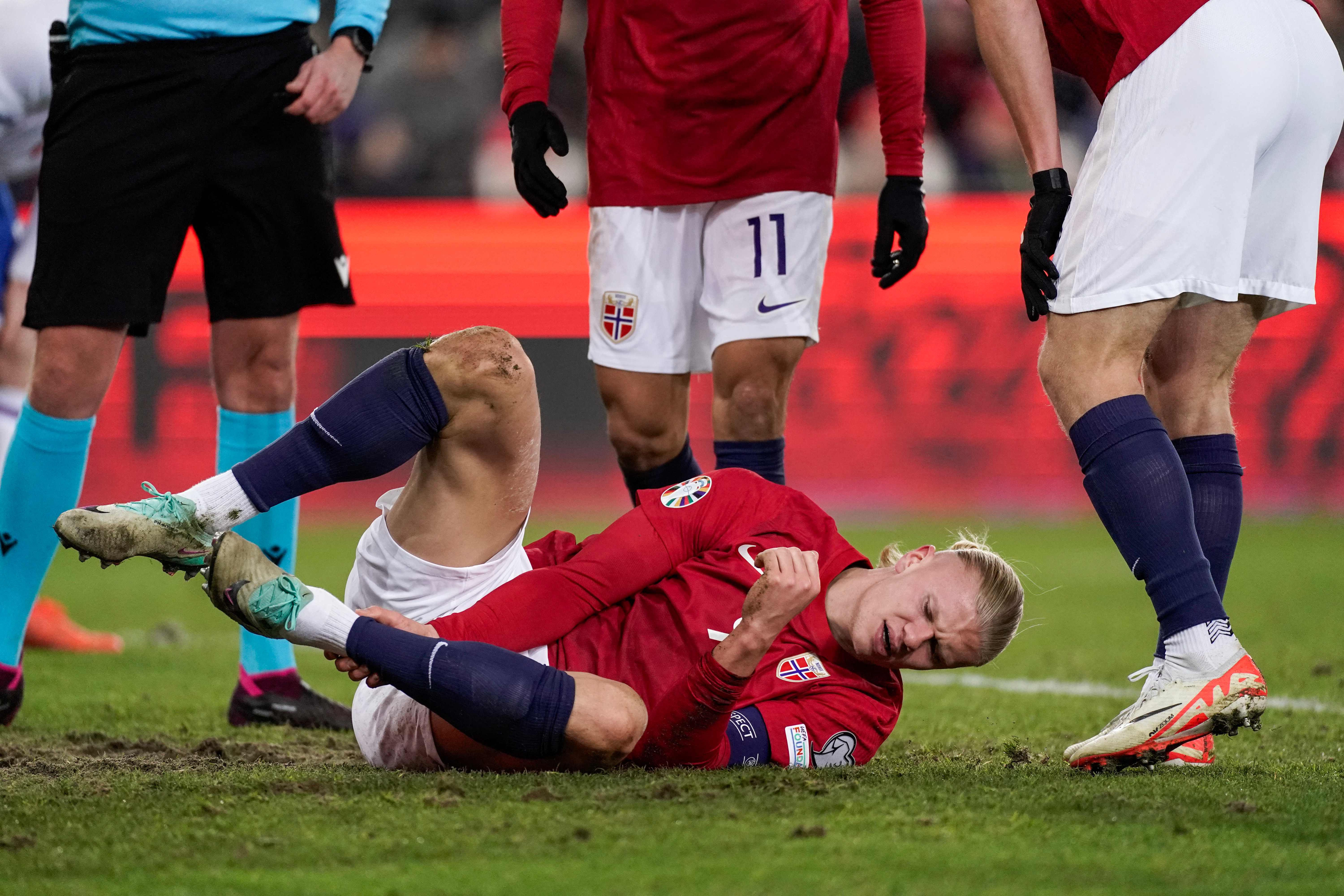 Erling Haaland goes down during Norway’s match against the Faroe Islands