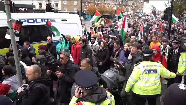 <p> Pro-Palestinian protesters chant outside Keir Starmer’s Camden office.</p>