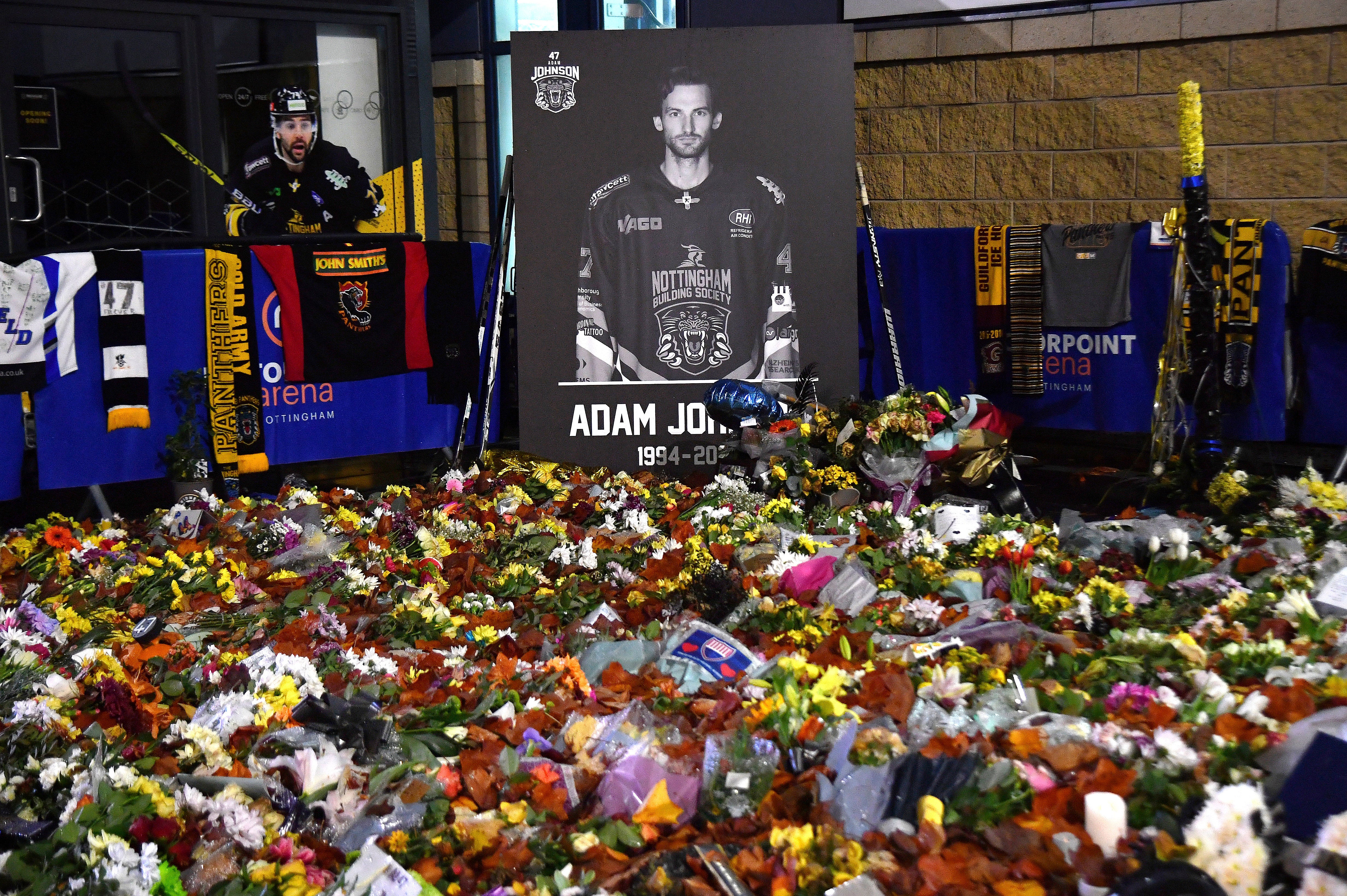 Flower tributes for Nottingham Panthers' Adam Johnson outside the Motorpoint Arena