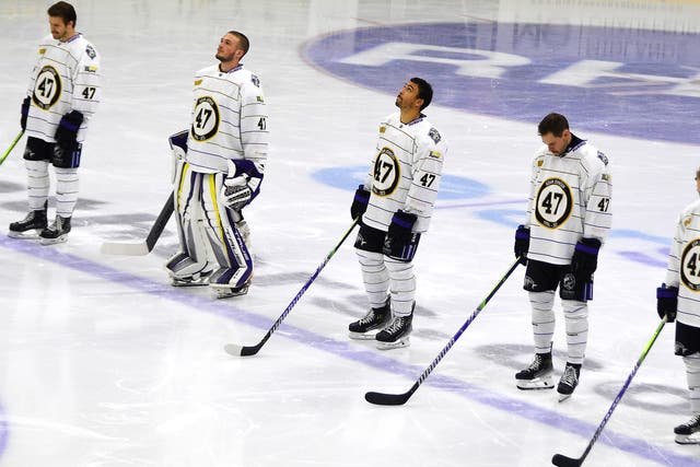<p>Nottingham Panthers players wearing number 47, Adam Johnson's number, pay tribute before the Ice Hockey Adam Johnson memorial game </p>