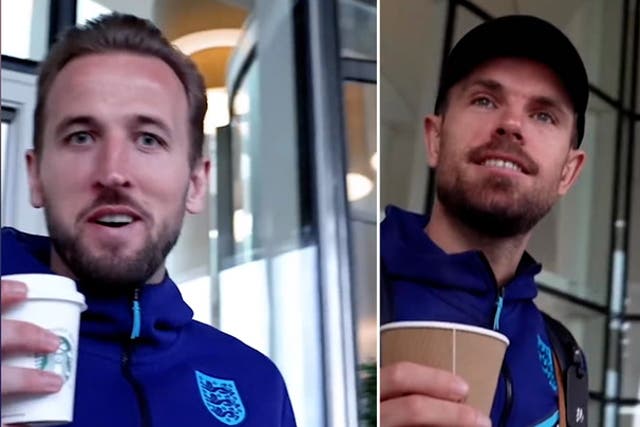 <p>England footballers banter over favourite hot drinks as team head to North Macedonia.</p>
