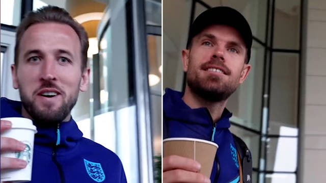 <p>England footballers banter over favourite hot drinks as team head to North Macedonia.</p>