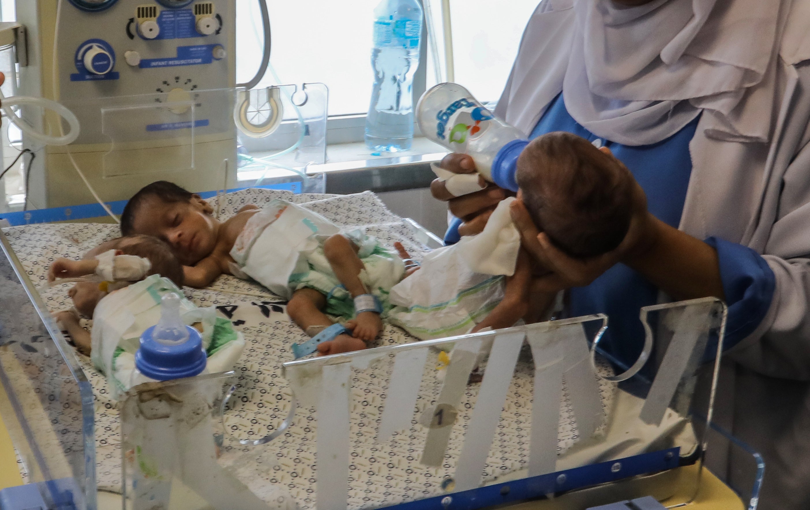A premature baby being fed after being transferred from al-Shifa Hospital