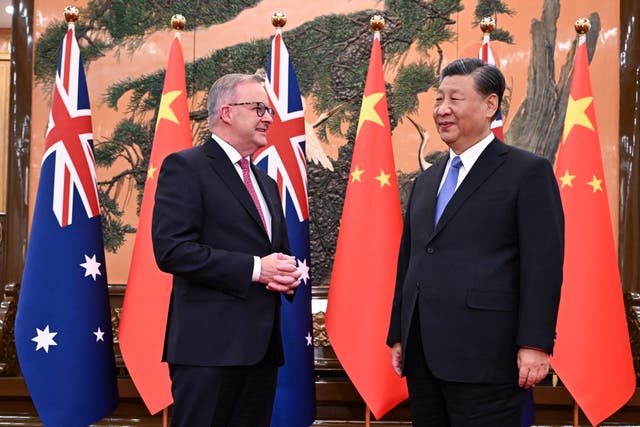 <p>Australia's Prime Minister Anthony Albanese, left, meets with China's President Xi Jinping at the Great Hall of the People in Beijing</p>