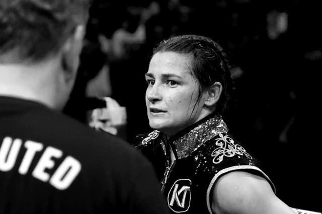 <p>Katie Taylor reacts to the first loss of her pro career, against Chantelle Cameron, in Dublin in May </p>