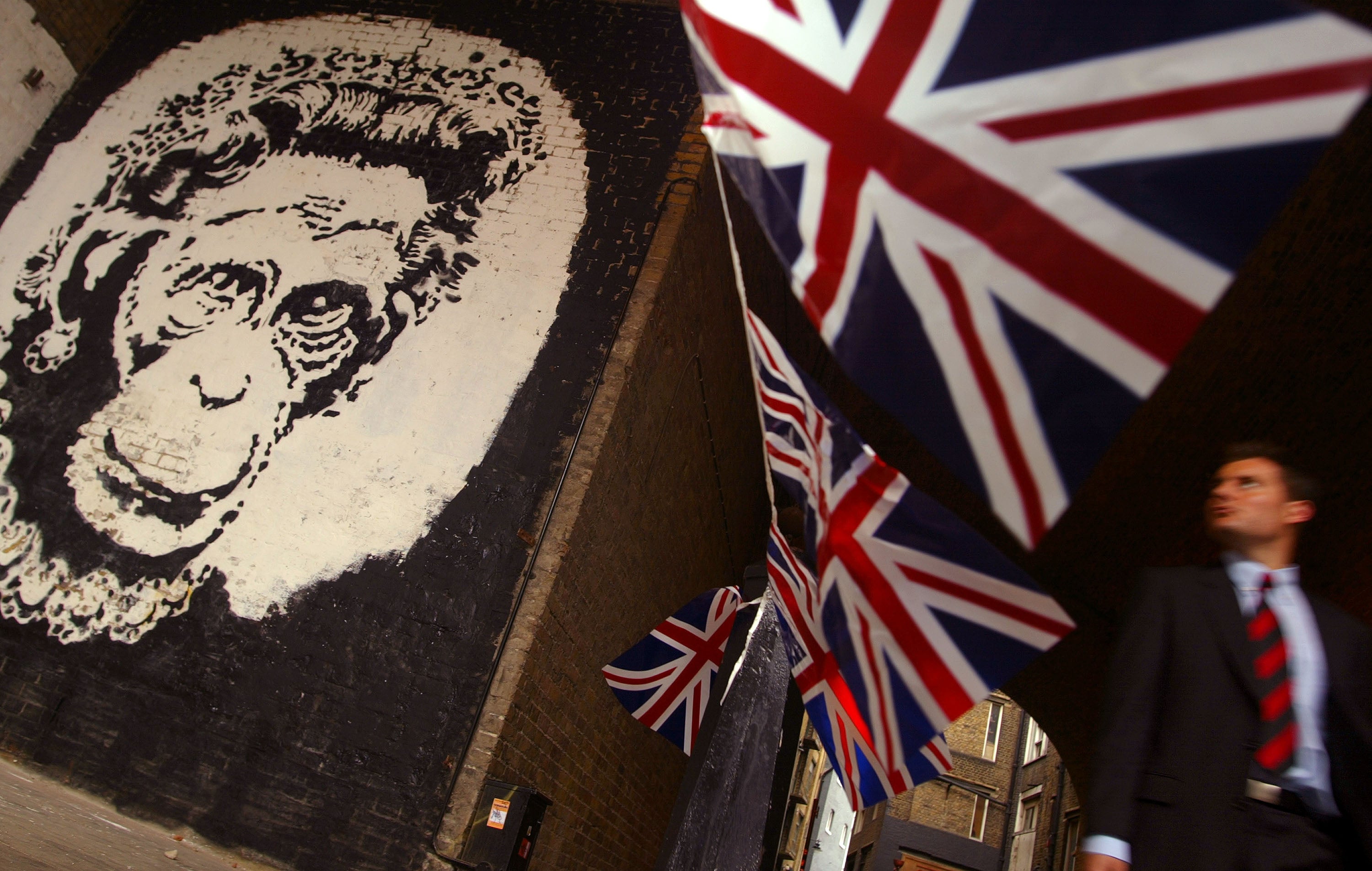 One of Banksy’s most notable early works, which was shared in response to the Queen’s Golden Jubilee in May 2002