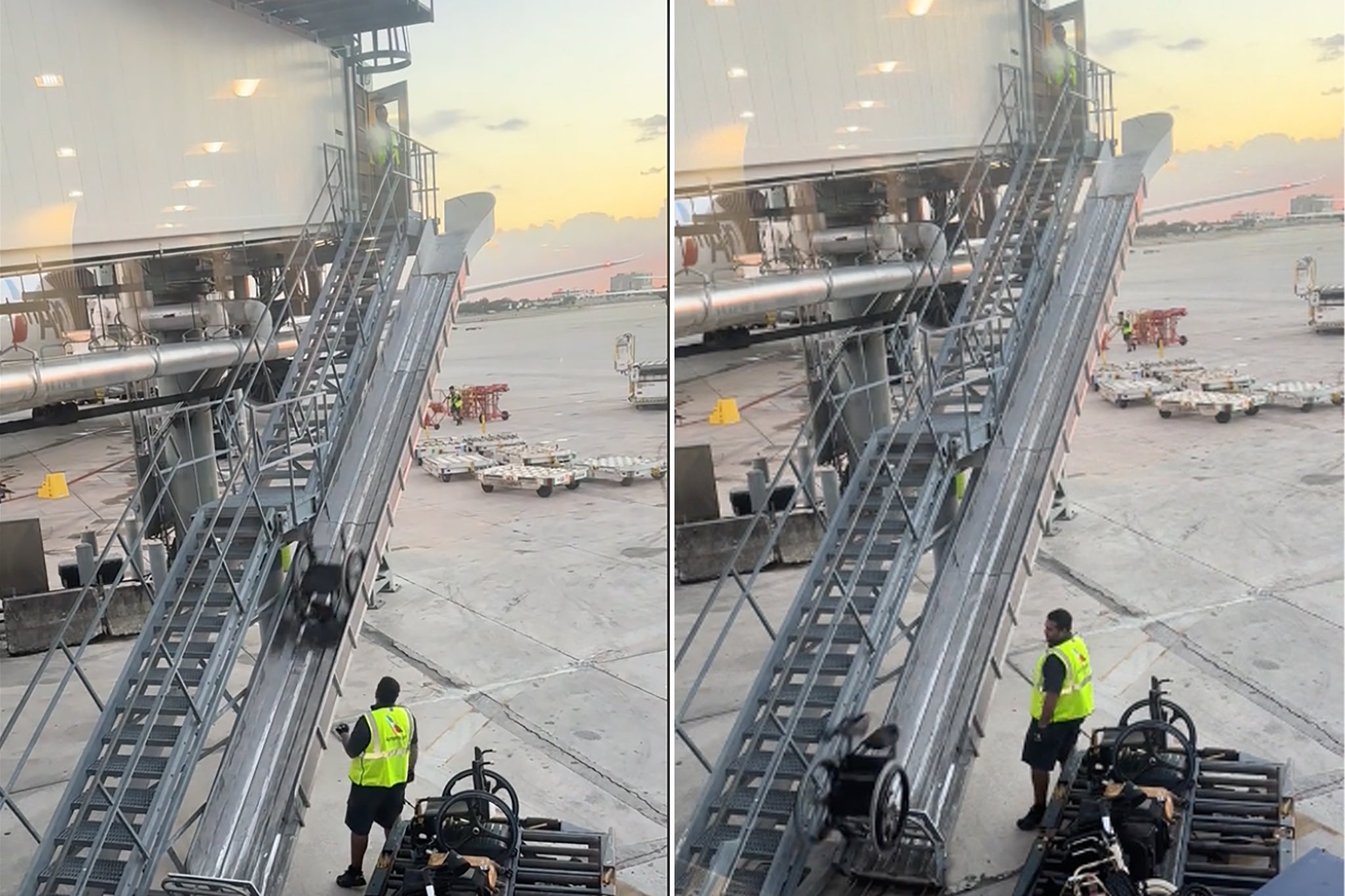 A passenger saw the wheelcair being dropped down a chute at an airport in the United States