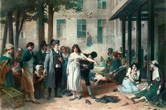 <p>Dr Philippe Pinel oversees the removal of chains from a patient – let’s call her Melody – at the Paris asylum for women who do not care for grammatical prescriptiveness </p>
