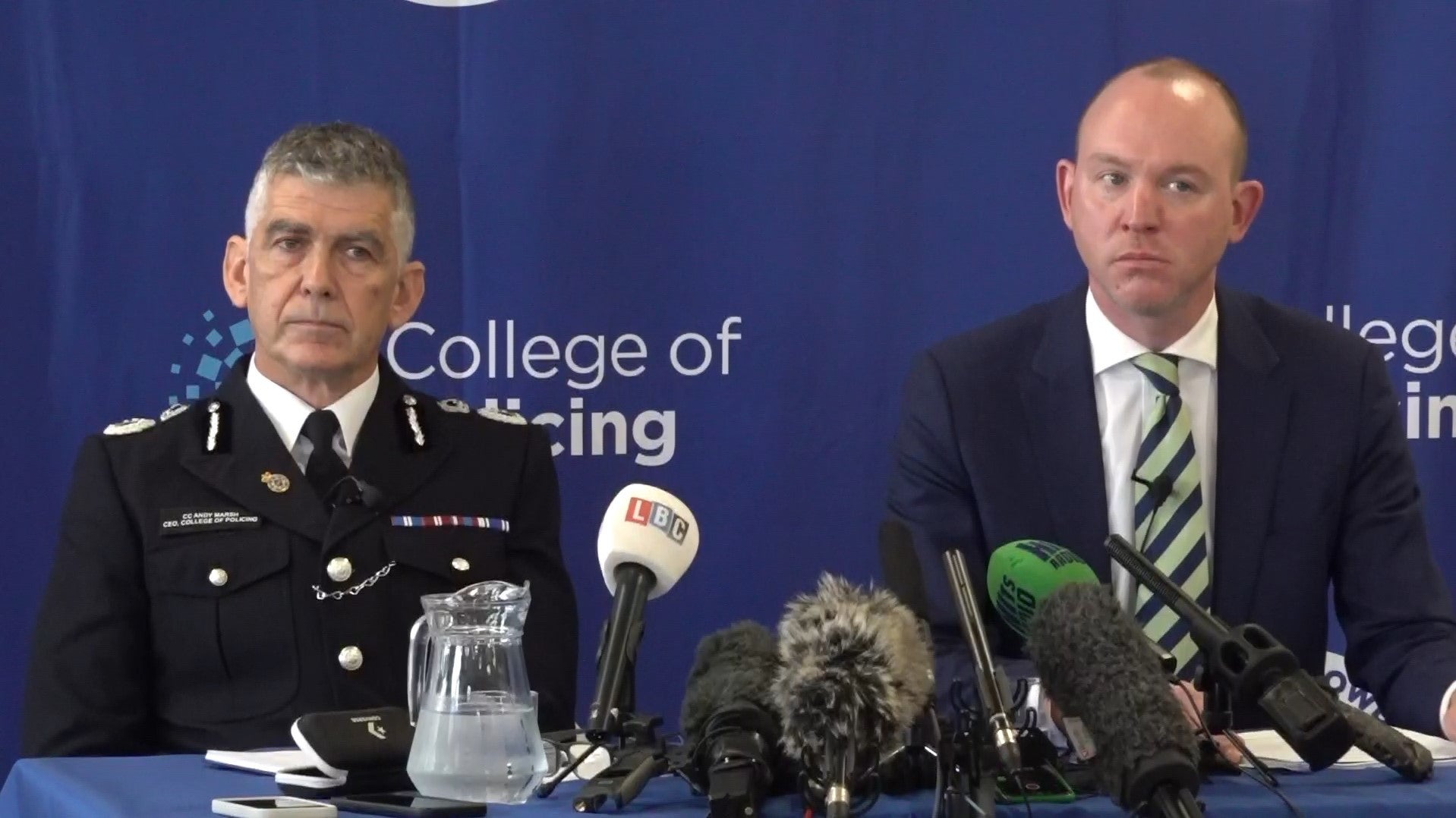 Chief Constable, Andy Marsh (left) and police and crime commissioner for Lancashire, Andrew Snowden at a press conference in Preston on the police handling of the Nicola Bulley investigation
