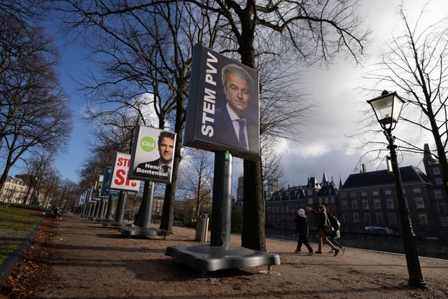 <p>An election billboard for anti-islam lawmaker Geert Wilders is seen near the parliament building in The Hague, Netherlands, Monday, 20 November 2023</p>