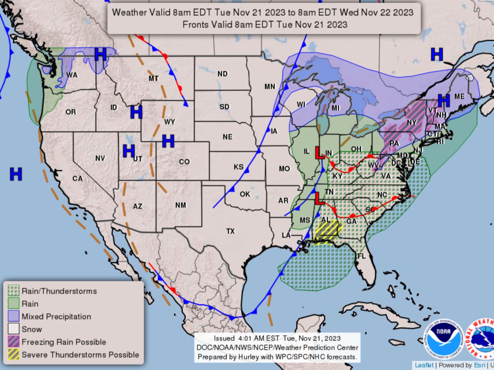 A National Weather Service forecast map showing freezing rain arriving in the northeast and thunderstorms forming in the Midwest just in time to disrupt Thanksgiving travel