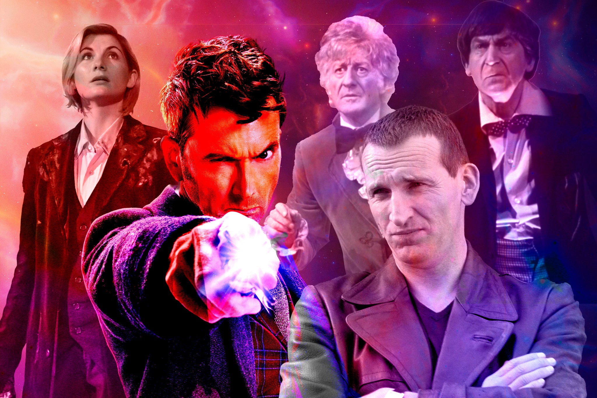 Time Lords Jodie Whittaker, David Tennant, Jon Pertwee, Christopher Eccleston and Patrick Troughton