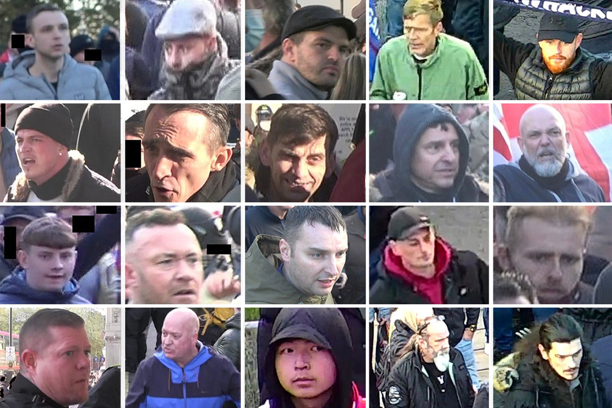 Metropolitan Police handout photo of the 20 men they would like to identify who took part in a counter-protest
