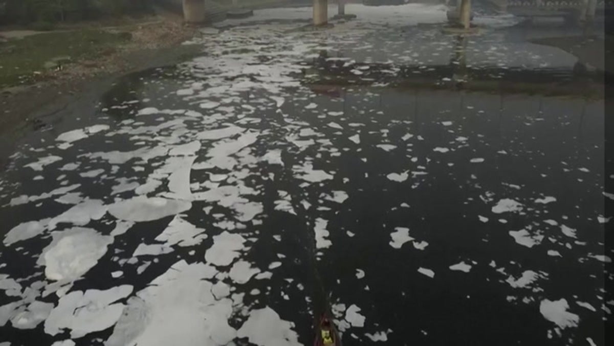 Toxic foam floats on Delhi’s Yamuna river in drone footage