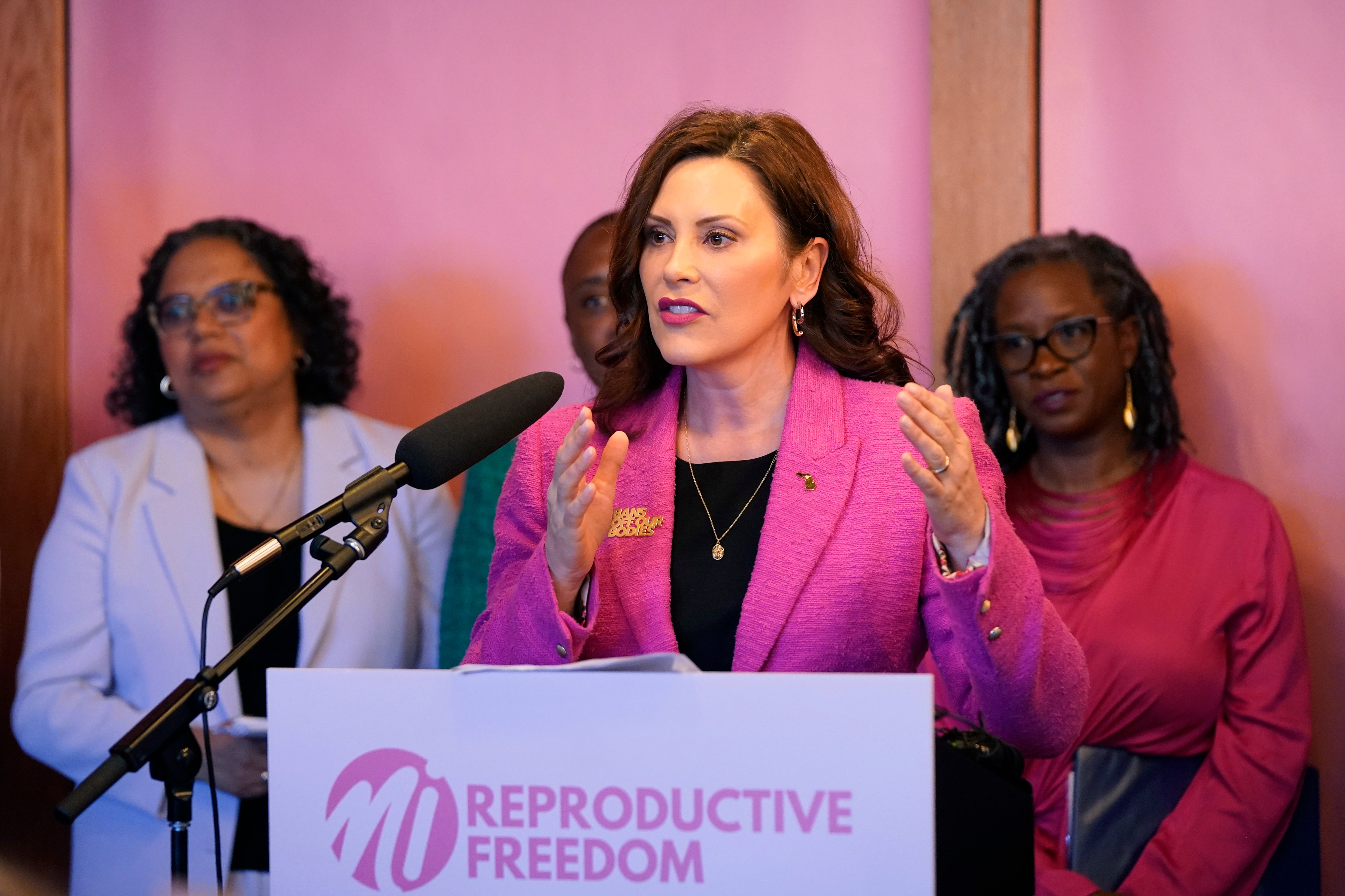 Whitmer speaking at Abortion Rights Michigan in 2023
