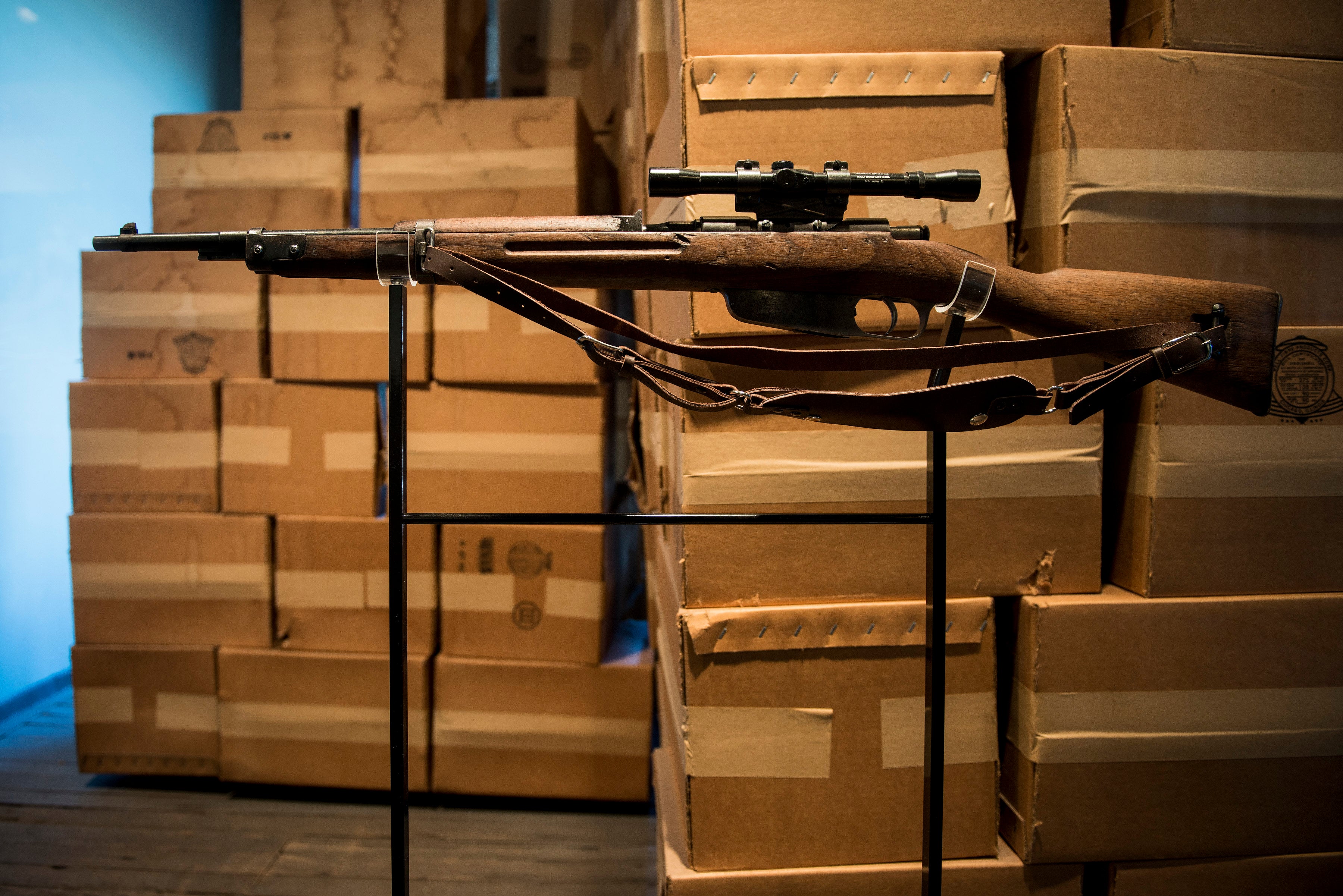 A Carcano Model 91/38 rifle is seen near where Oswald ditched his 50 years earlier, at the Sixth Floor Museum, formerly the site of the Texas School Book Depository