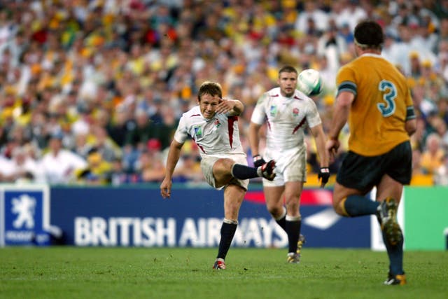 Jonny Wilkinson kicks the winning drop-goal for England in the 2003 Rugby World Cup final (David Davies/PA)
