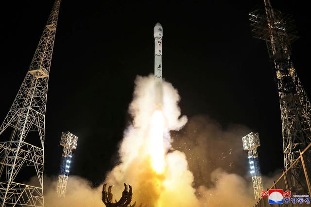 <p>This photo provided by the North Korean government shows what the country said is the launch of the Malligyong-1, a military spy satellite, into orbit on Tuesday</p>