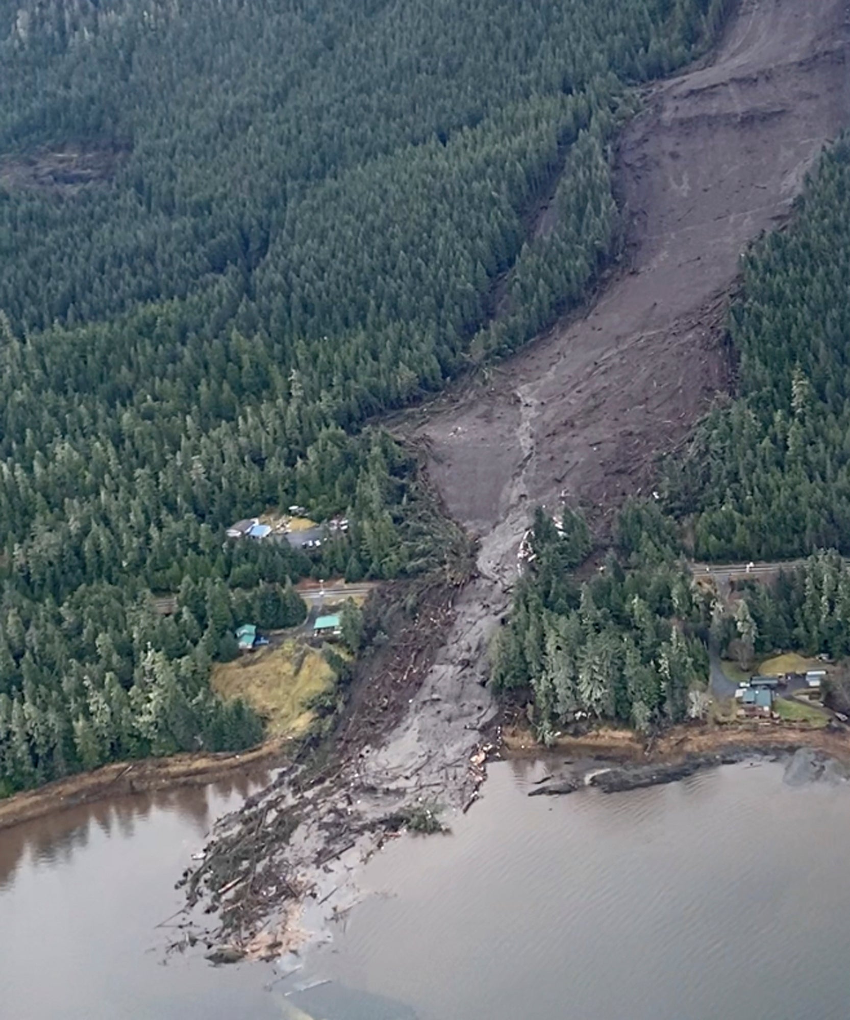 This image from video provided by Sunrise Aviation shows the landslide that occurred the previous evening near Wrangell, Alaska, on 21 November2023