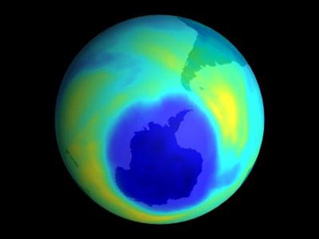 <p>A map of ozone concentrations in the Southern Hemisphere shows thinning of the ozone layer over the South Pole</p>