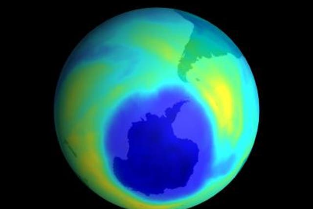 <p>A map of ozone concentrations in the Southern Hemisphere shows thinning of the ozone layer over the South Pole</p>