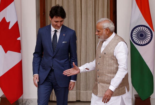<p>File:  Indian Prime Minister Narendra Modi (R) extends his hand for a handshake with his Canadian counterpart Justin Trudeau during a photo opportunity ahead of their meeting at Hyderabad House in New Delhi</p>