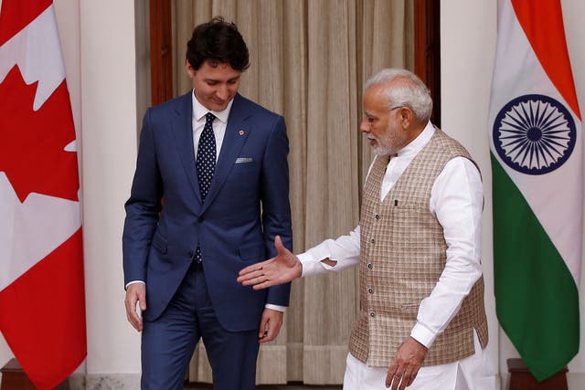 <p>File:  Indian Prime Minister Narendra Modi (R) extends his hand for a handshake with his Canadian counterpart Justin Trudeau during a photo opportunity ahead of their meeting at Hyderabad House in New Delhi</p>