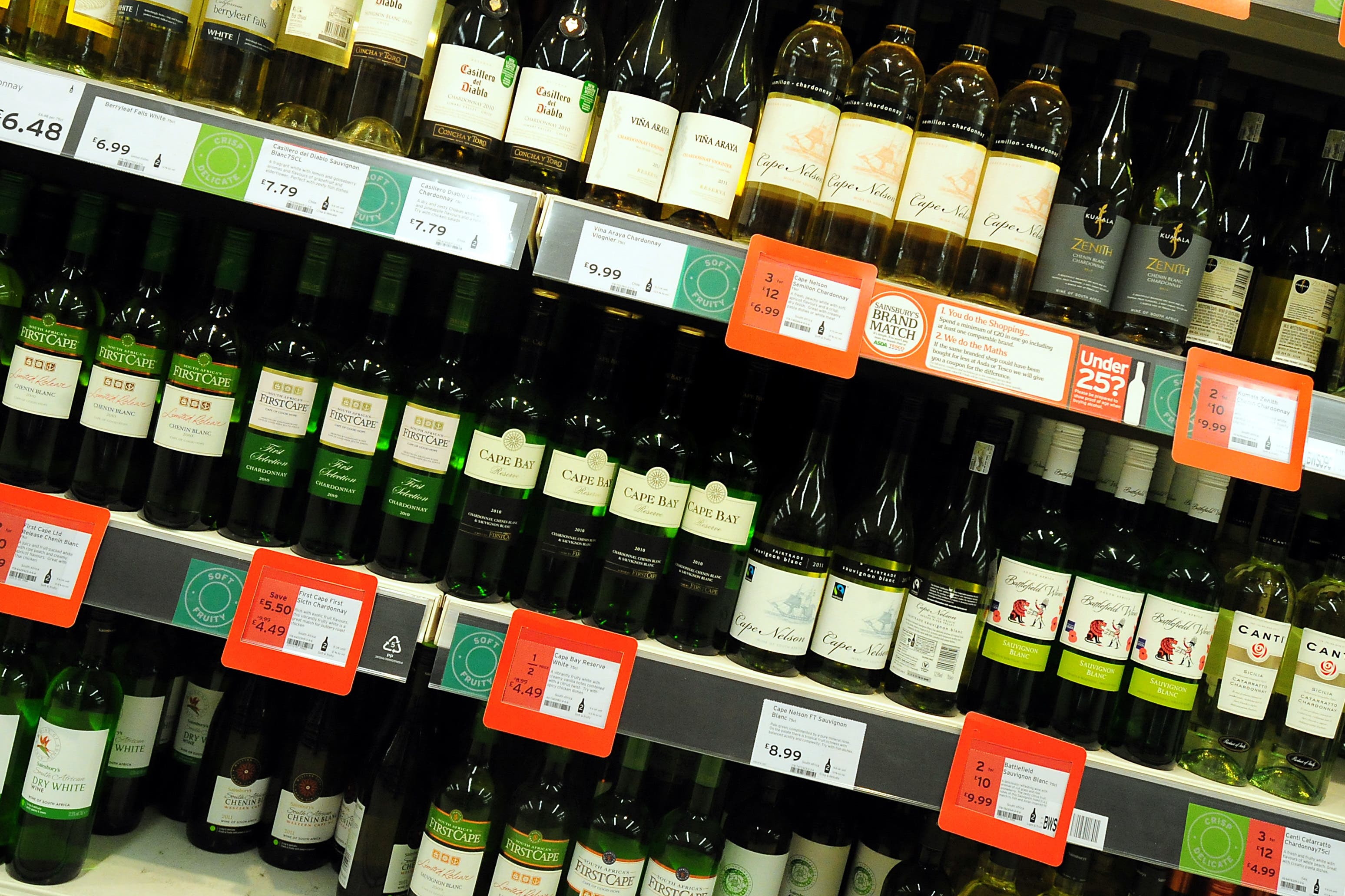 A general view of alcohol on the shelf at a supermarket in Burton-on-Trent.