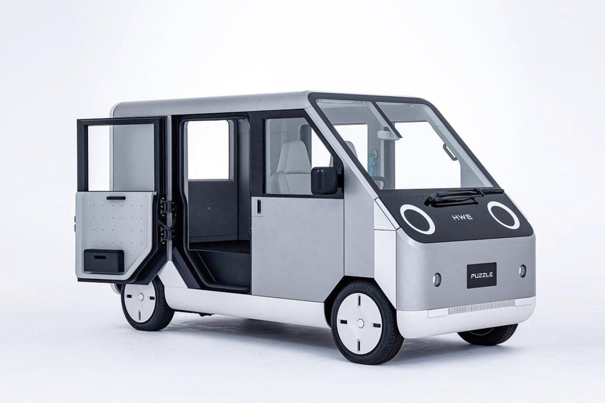 The two-seater electric van features a puzzle-inspired design