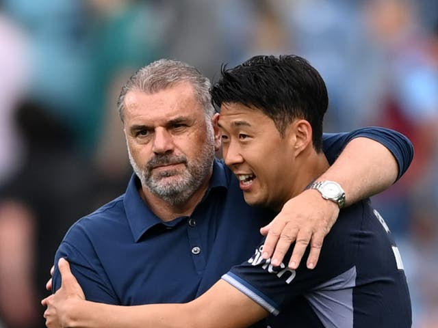 <p>Heung-Min Son of Tottenham Hotspur celebrates with Ange Postecoglou against Burnley</p>