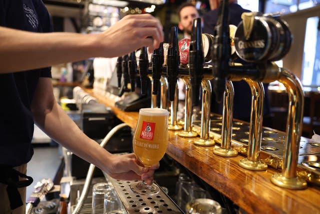 <p>A bar worker pours a pint of lager at a pub in central London in November 2023 </p>