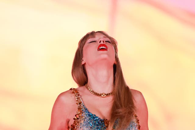 <p>Taylor Swift performing in California on 7 August, 2023. A fan died after waiting for her 17 November concert in Rio de Janeiro, Brazil during a heatwave </p>