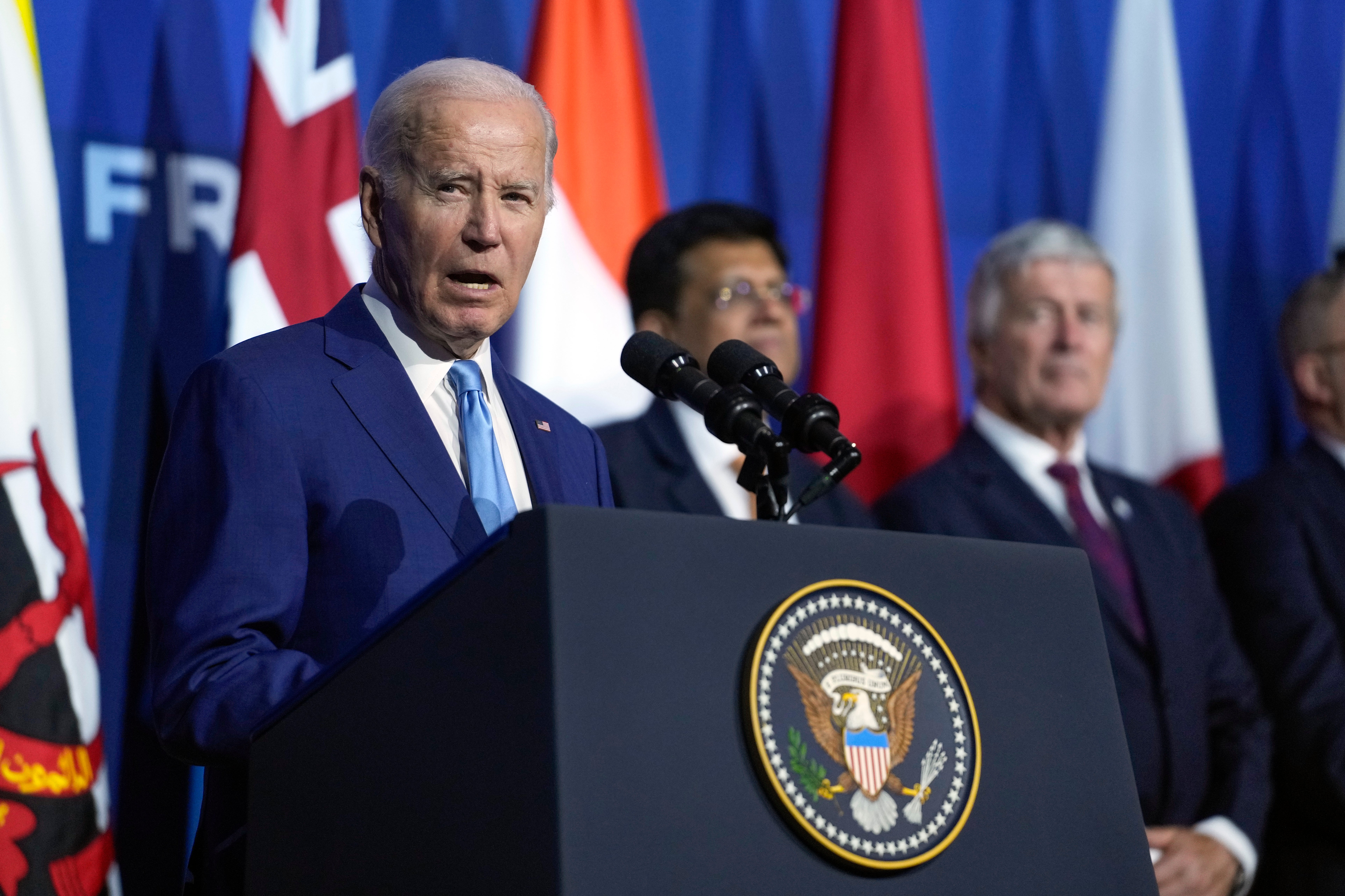 President Joe Biden speaks after the Indo-Pacific Economic Framework family photo at the Asia-Pacific Economic Cooperation summit, Thursday, Nov. 16, 2023, in San Francisco. (AP Photo/Godofredo A. VÃ¡squez)