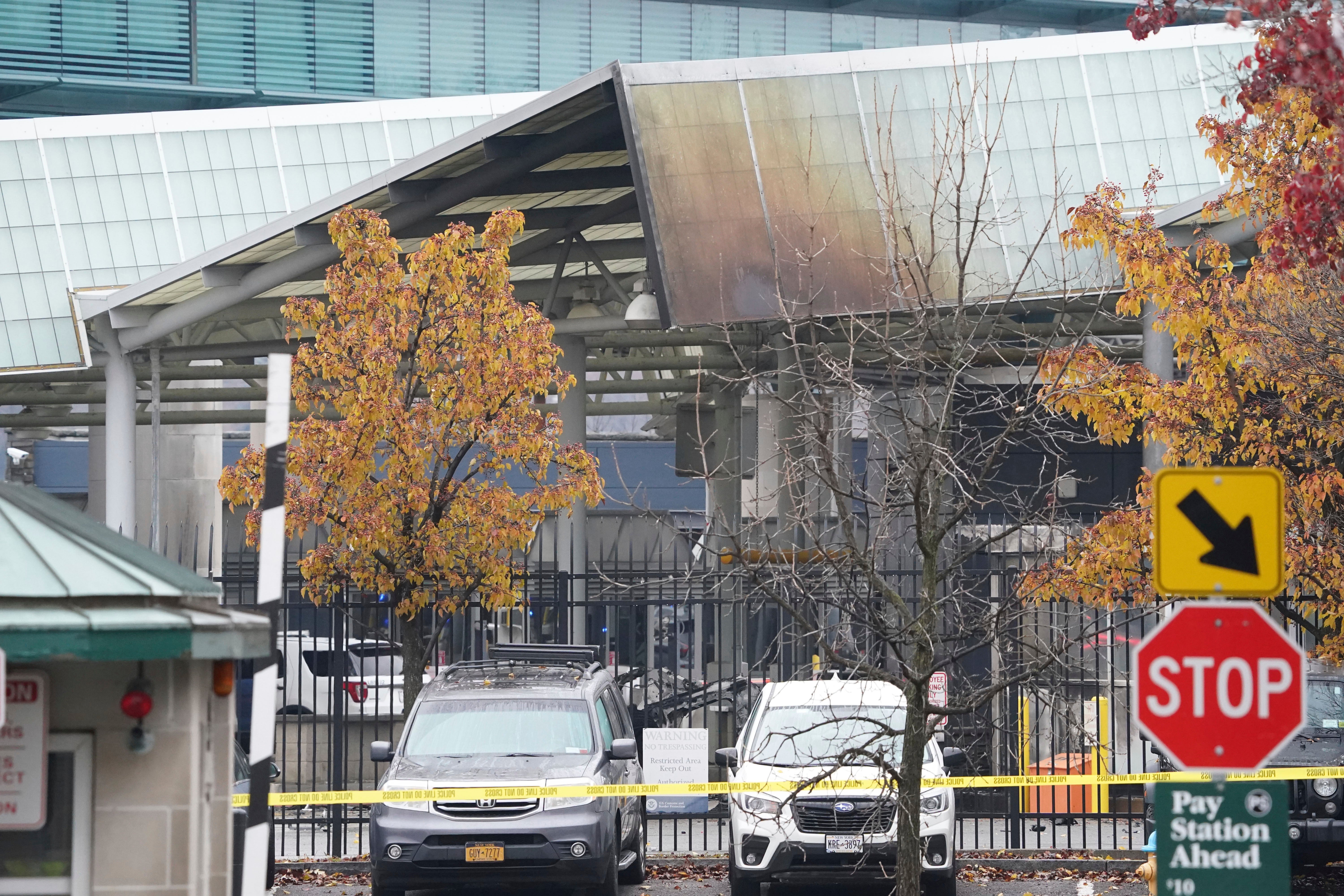 Fire damage is visible to the customs plaza structure at the Rainbow Bridge border crossing