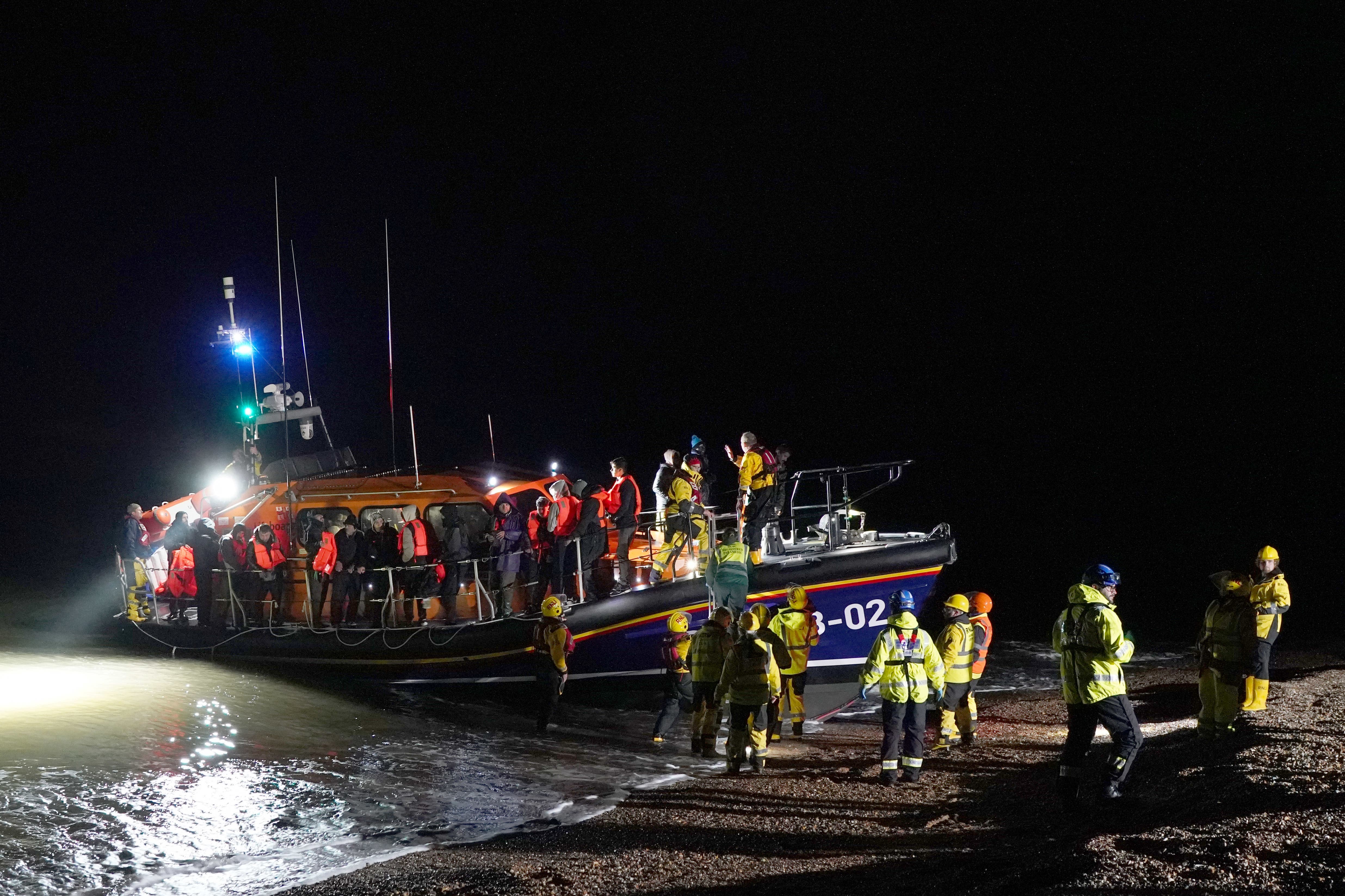 A group of people thought to be migrants are brought in to Dungeness, Kent, by RNLI lifeboat following a small boat incident in the Channel. Picture date: Wednesday November 23, 2023.