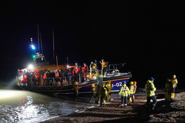 A group of people thought to be migrants are brought in to Dungeness, Kent, by RNLI lifeboat following a small boat incident in the Channel. Picture date: Wednesday November 23, 2023.