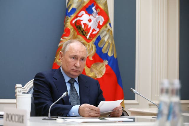 <p>Vladimir Putin taking part in a virtual G20 leaders' summit in Moscow</p>