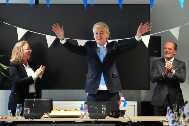 <p>Geert Wilders celebrates in his party’s office </p>