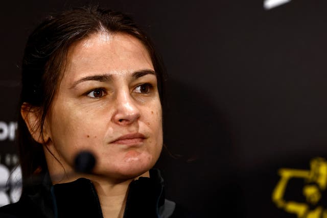 <p>Katie Taylor at the press conference for her rematch with Chantelle Cameron</p>