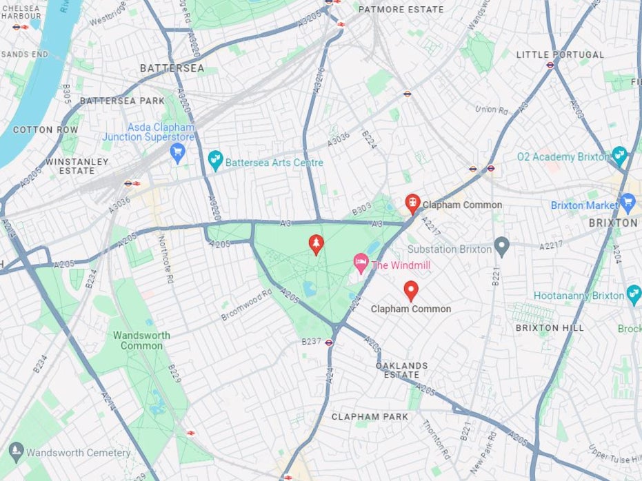 map showing Clapham Common